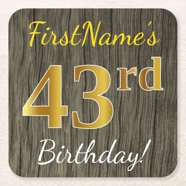 Faux Wood, Faux Guld 43 Birthday + Custom Name Underlägg Papper Kvadrat (Framsidan)