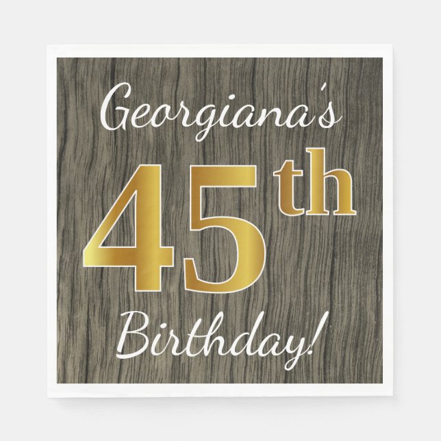 Faux Wood, Faux Guld 45 Birthday + Custom Name Pappersservett (Framsidan)