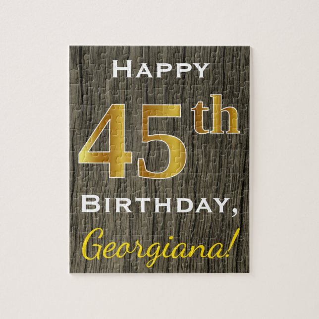 Faux Wood, Faux Guld 45 Birthday + Custom Name Pussel (Vertikal)