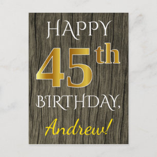 Faux Wood, Faux Guld 45 Birthday + Custom Name Vykort