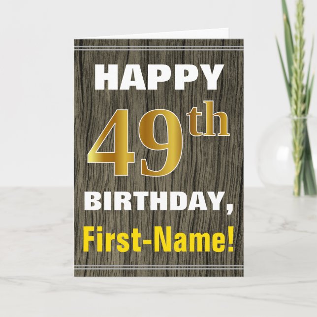 Faux Wood, Faux Guld 49:e födelsedagen + Namn Kort (Framsida)