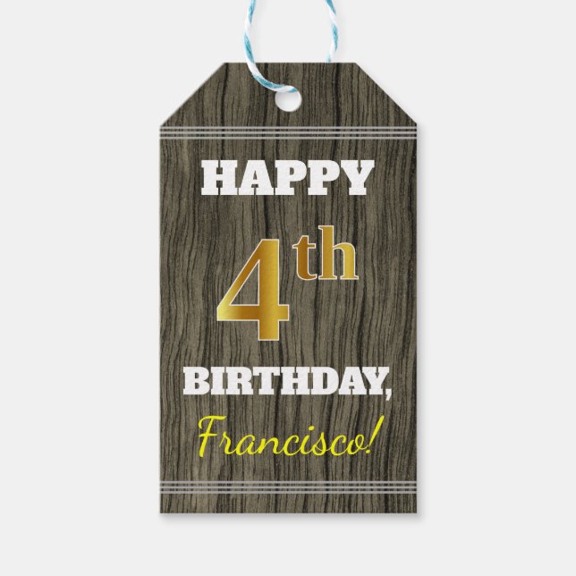Faux Wood, Faux Guld 4e födelsedagen + eget namn Presentetikett (Framsidan)