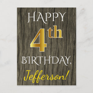 Faux Wood, Faux Guld 4e födelsedagen + eget namn Vykort