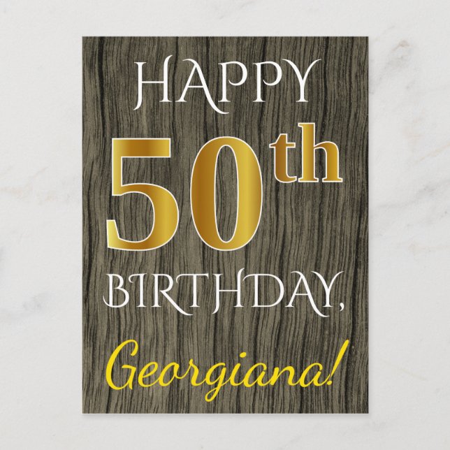 Faux Wood, Faux Guld 50:e födelsedagen + eget namn Vykort (Framsida)