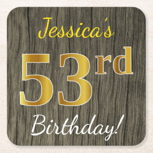 Faux Wood, Faux Guld 53 Birthday + Custom Name Underlägg Papper Kvadrat