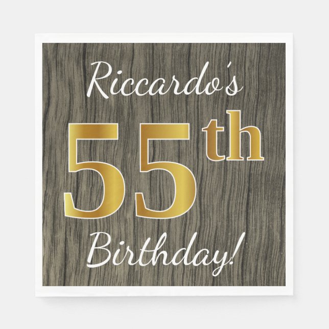 Faux Wood, Faux Guld 55 Birthday + Custom Name Pappersservett (Framsidan)