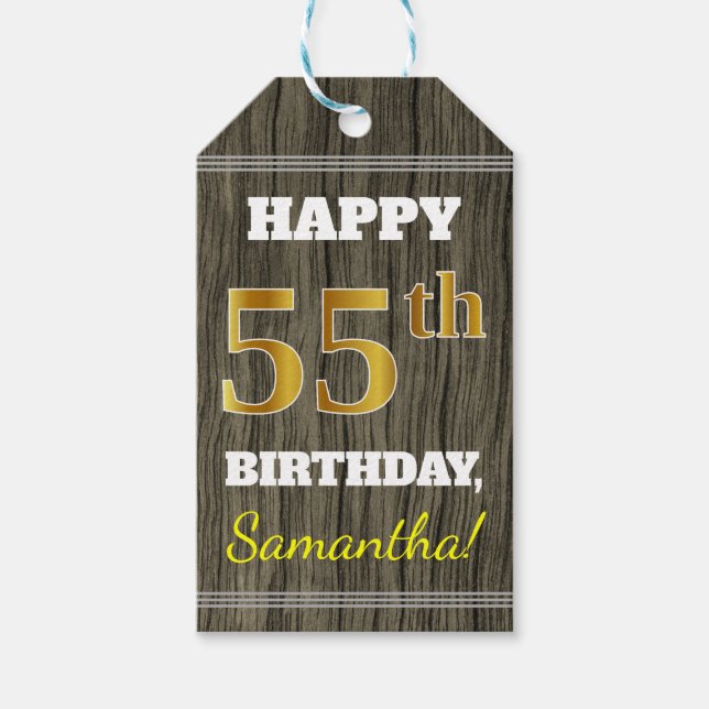 Faux Wood, Faux Guld 55 Birthday + Custom Name Presentetikett (Framsidan)