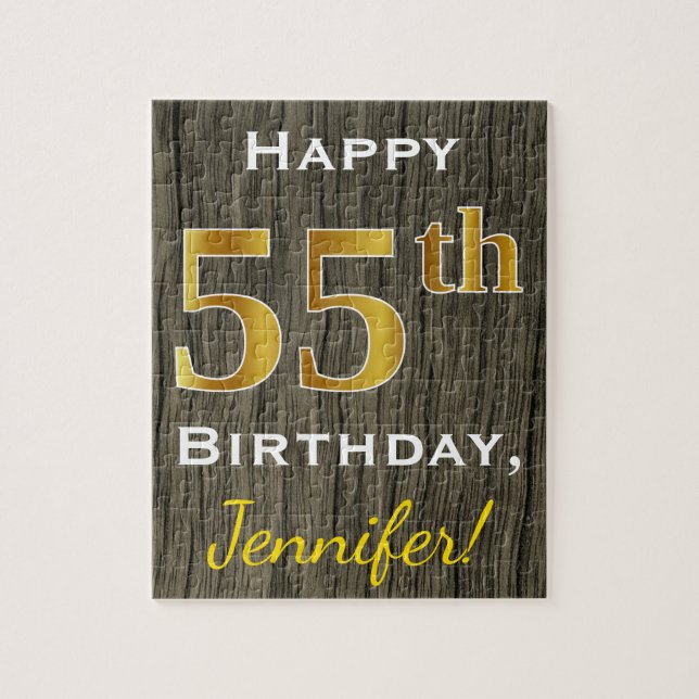 Faux Wood, Faux Guld 55 Birthday + Custom Name Pussel (Vertikal)