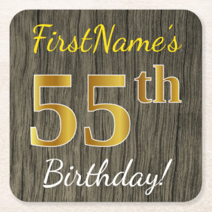 Faux Wood, Faux Guld 55 Birthday + Custom Name Underlägg Papper Kvadrat