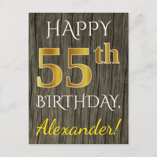 Faux Wood, Faux Guld 55 Birthday + Custom Name Vykort