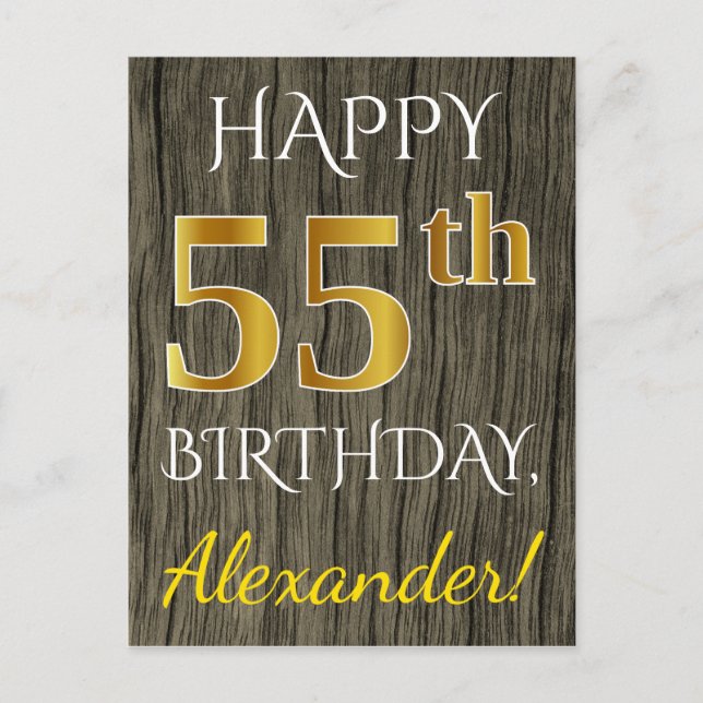 Faux Wood, Faux Guld 55 Birthday + Custom Name Vykort (Framsida)