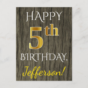Faux Wood, Faux Guld 5:e födelsedagen + eget namn Vykort