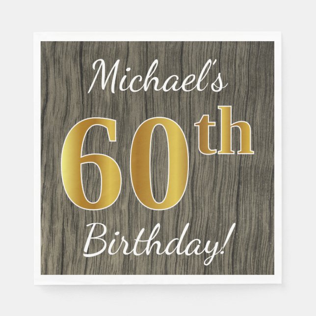 Faux Wood, Faux Guld 60 Birthday + Custom Name Pappersservett (Framsidan)