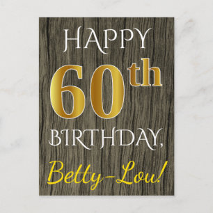 Faux Wood, Faux Guld 60 Birthday + Custom Name Vykort
