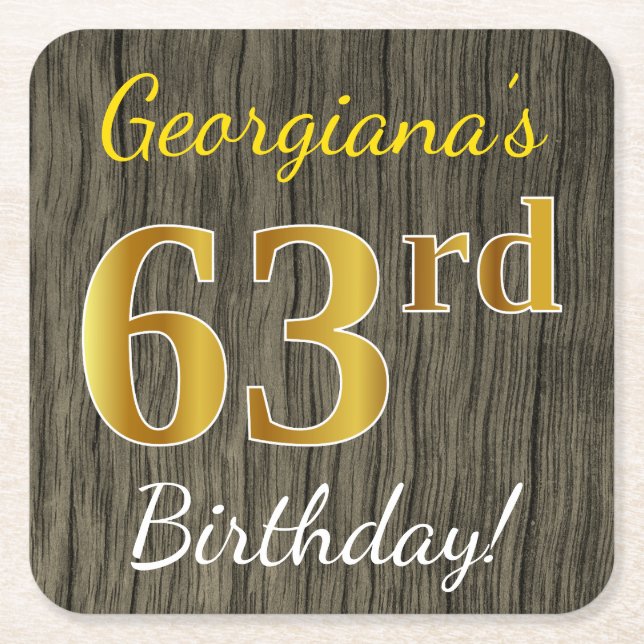 Faux Wood, Faux Guld 63:e födelsedagen + eget namn Underlägg Papper Kvadrat (Framsidan)