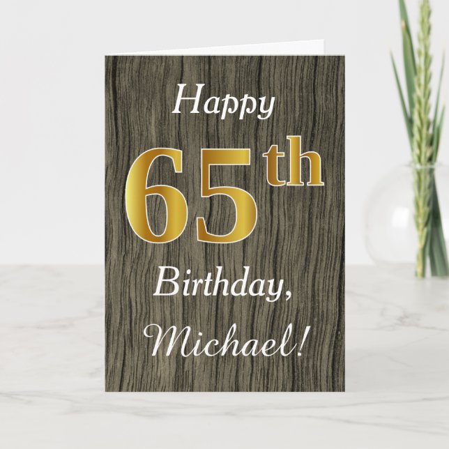 Faux Wood, Faux Guld 65e Birthday + Custom Name Kort (Framsida)
