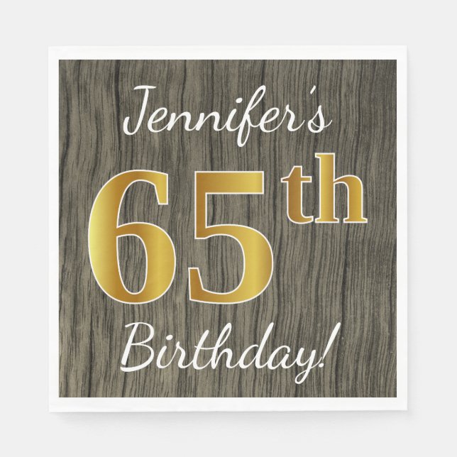 Faux Wood, Faux Guld 65e Birthday + Custom Name Pappersservett (Framsidan)
