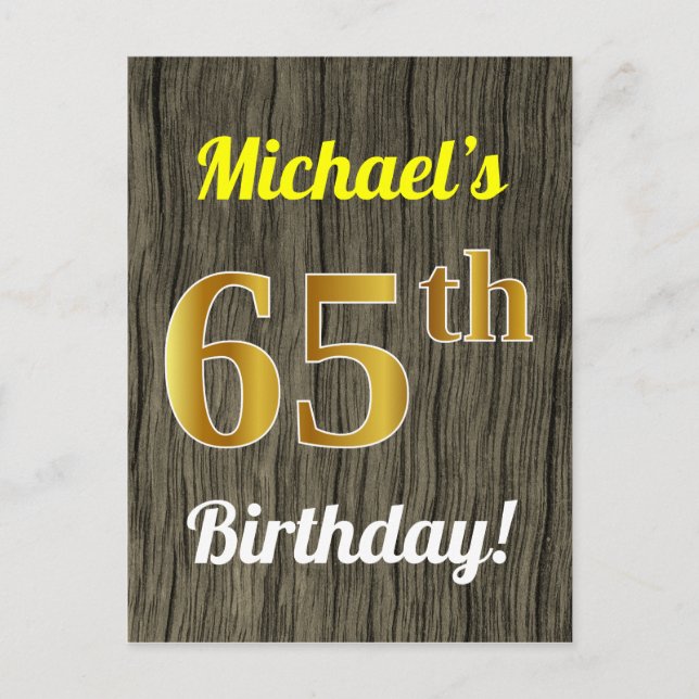 Faux Wood, Faux Guld 65e Birthday & Custom Name Vykort (Framsida)