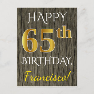 Faux Wood, Faux Guld 65e Birthday + Custom Name Vykort