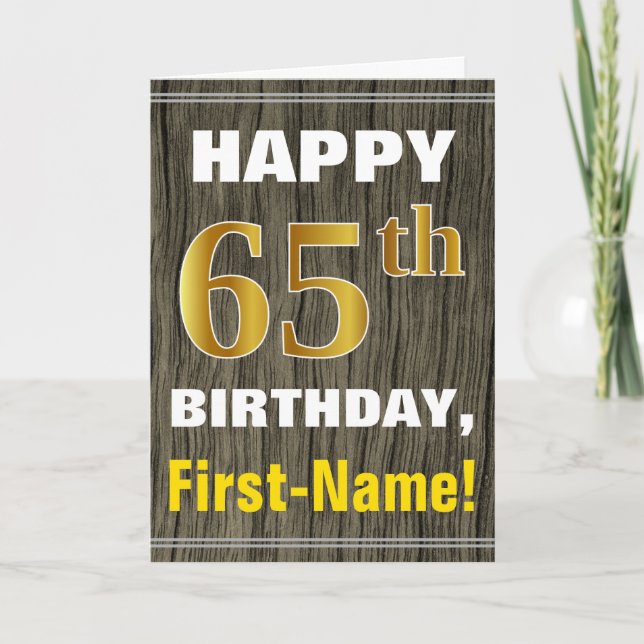 Faux Wood, Faux Guld 65e Birthday + Namn Kort (Framsida)