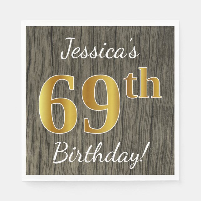 Faux Wood, Faux Guld 69 Birthday + Custom Name Pappersservett (Framsidan)