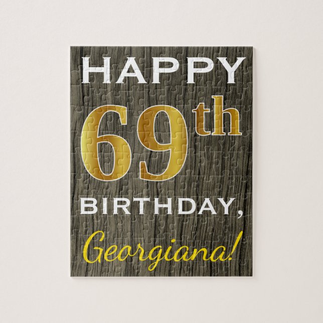 Faux Wood, Faux Guld 69 Birthday + Custom Name Pussel (Vertikal)