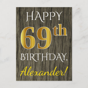 Faux Wood, Faux Guld 69 Birthday + Custom Name Vykort