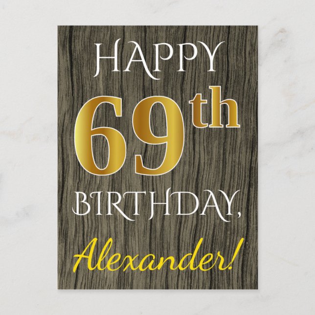 Faux Wood, Faux Guld 69 Birthday + Custom Name Vykort (Framsida)