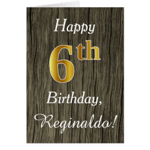 Faux Wood, Faux Guld 6e Birthday + Custom Name Hälsningskort