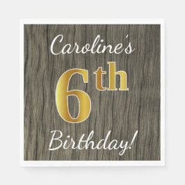 Faux Wood, Faux Guld 6e Birthday + Custom Name Pappersservett