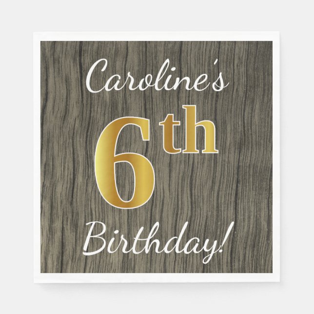 Faux Wood, Faux Guld 6e Birthday + Custom Name Pappersservett (Framsidan)