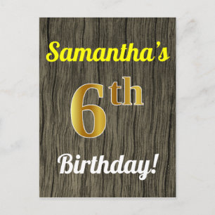 Faux Wood, Faux Guld 6e Birthday & Custom Name Vykort