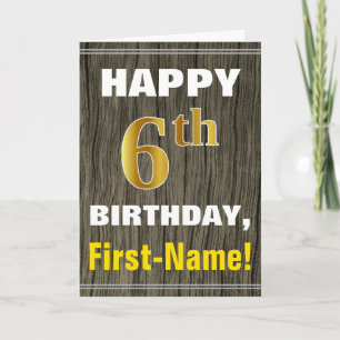 Faux Wood, Faux Guld 6e Birthday + Namn Kort