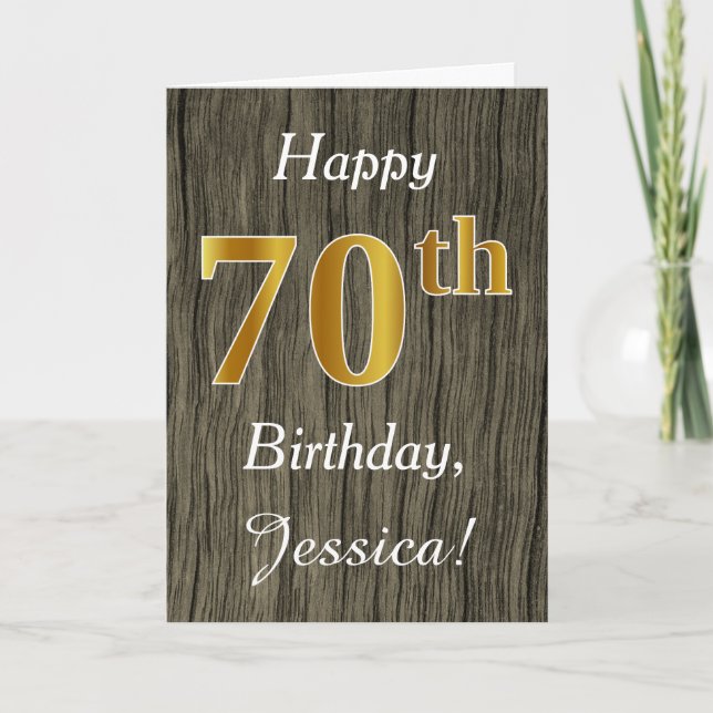 Faux Wood, Faux Guld 70 Birthday + Custom Name Kort (Framsida)