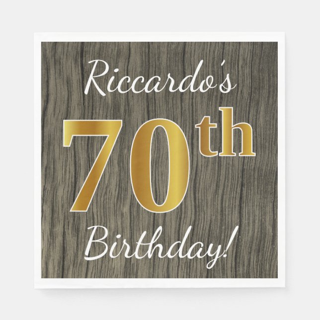 Faux Wood, Faux Guld 70 Birthday + Custom Name Pappersservett (Framsidan)