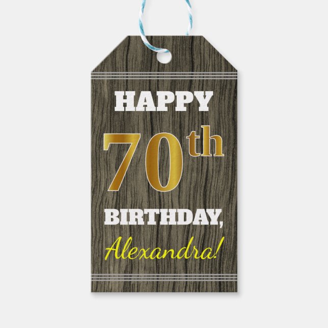 Faux Wood, Faux Guld 70 Birthday + Custom Name Presentetikett (Framsidan)