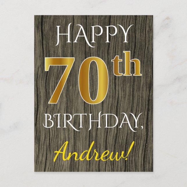 Faux Wood, Faux Guld 70 Birthday + Custom Name Vykort (Framsida)