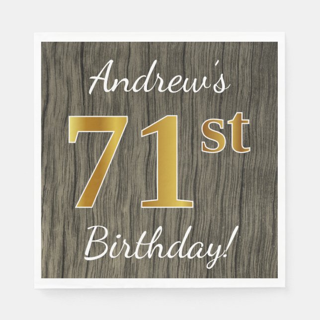 Faux Wood, Faux Guld 71st Birthday + Custom Name Pappersservett (Framsidan)