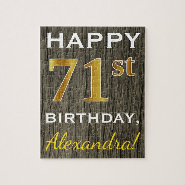 Faux Wood, Faux Guld 71st Birthday + Custom Name Pussel (Vertikal)