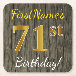 Faux Wood, Faux Guld 71st Birthday + Custom Name Underlägg Papper Kvadrat