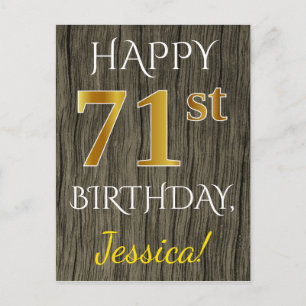 Faux Wood, Faux Guld 71st Birthday + Custom Name Vykort