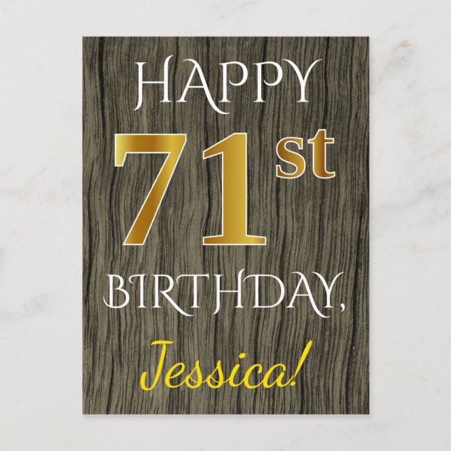 Faux Wood, Faux Guld 71st Birthday + Custom Name Vykort (Framsida)