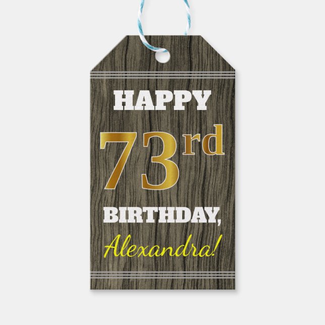 Faux Wood, Faux Guld 73 Birthday + Custom Name Presentetikett (Framsidan)