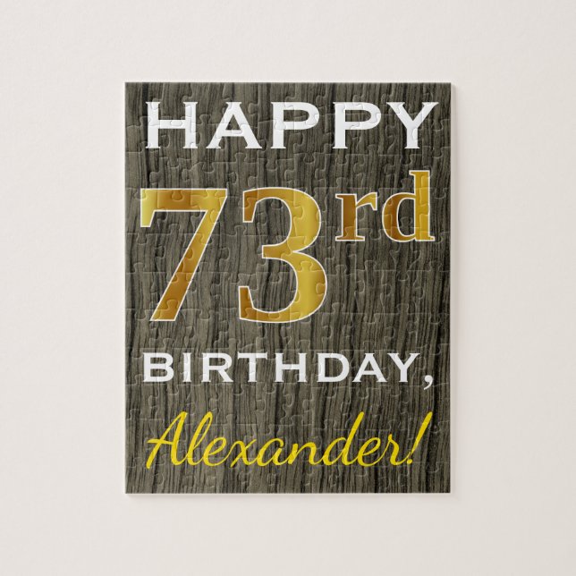 Faux Wood, Faux Guld 73 Birthday + Custom Name Pussel (Vertikal)