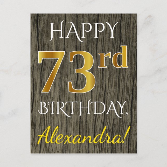 Faux Wood, Faux Guld 73 Birthday + Custom Name Vykort (Framsida)