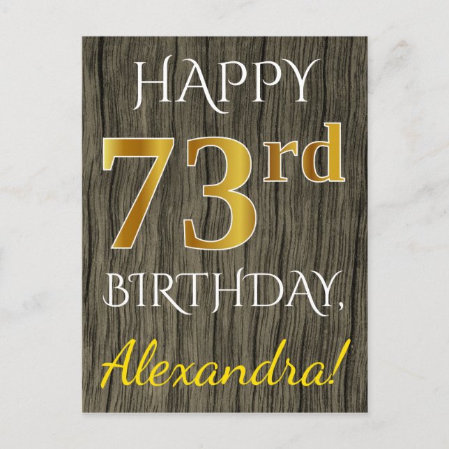 Faux Wood, Faux Guld 73 Birthday + Custom Name Vykort (Framsida)
