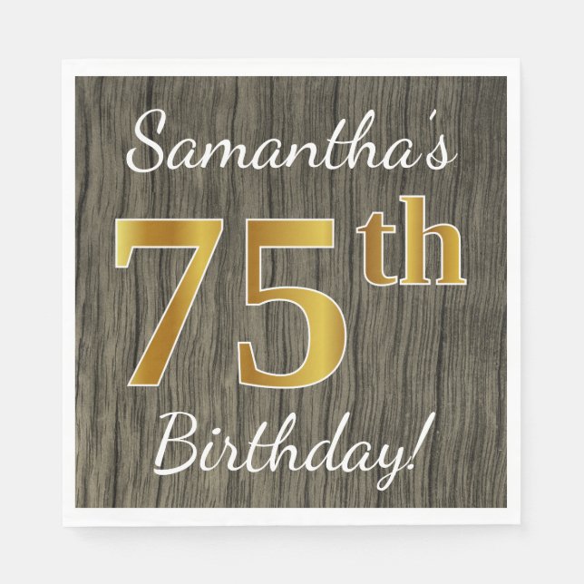 Faux Wood, Faux Guld 75:e Birthday + Custom Name Pappersservett (Framsidan)