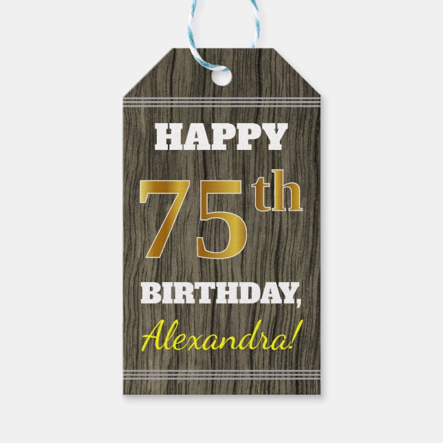 Faux Wood, Faux Guld 75:e Birthday + Custom Name Presentetikett (Framsidan)