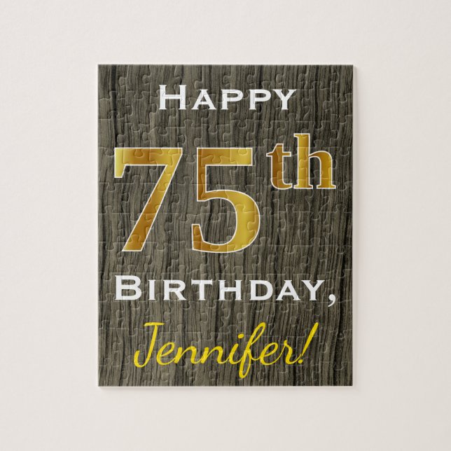 Faux Wood, Faux Guld 75:e Birthday + Custom Name Pussel (Vertikal)