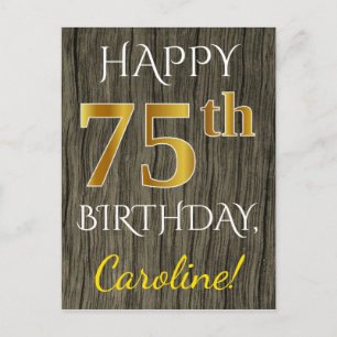 Faux Wood, Faux Guld 75:e Birthday + Custom Name Vykort